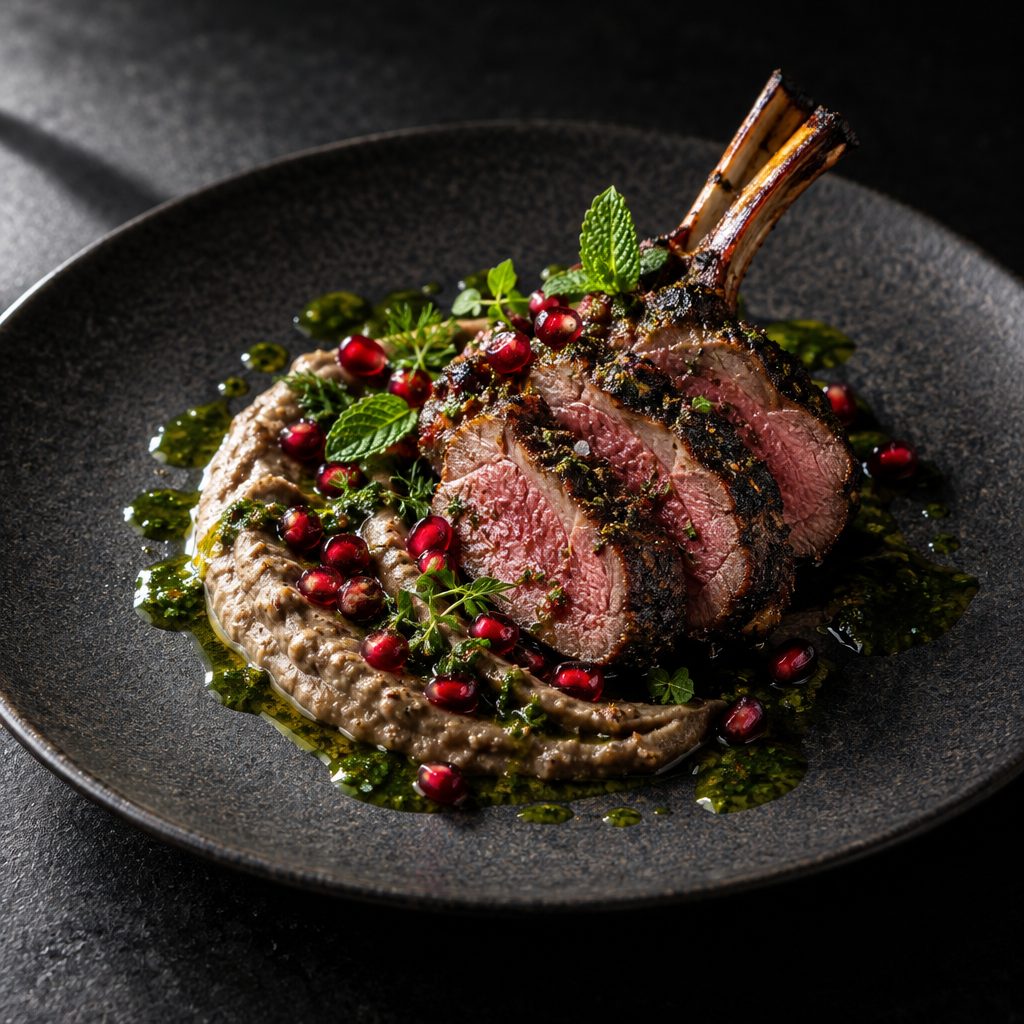 Sliced rack of lamb over smoked aubergine with pomegranate seeds and herbs, on a dark plate