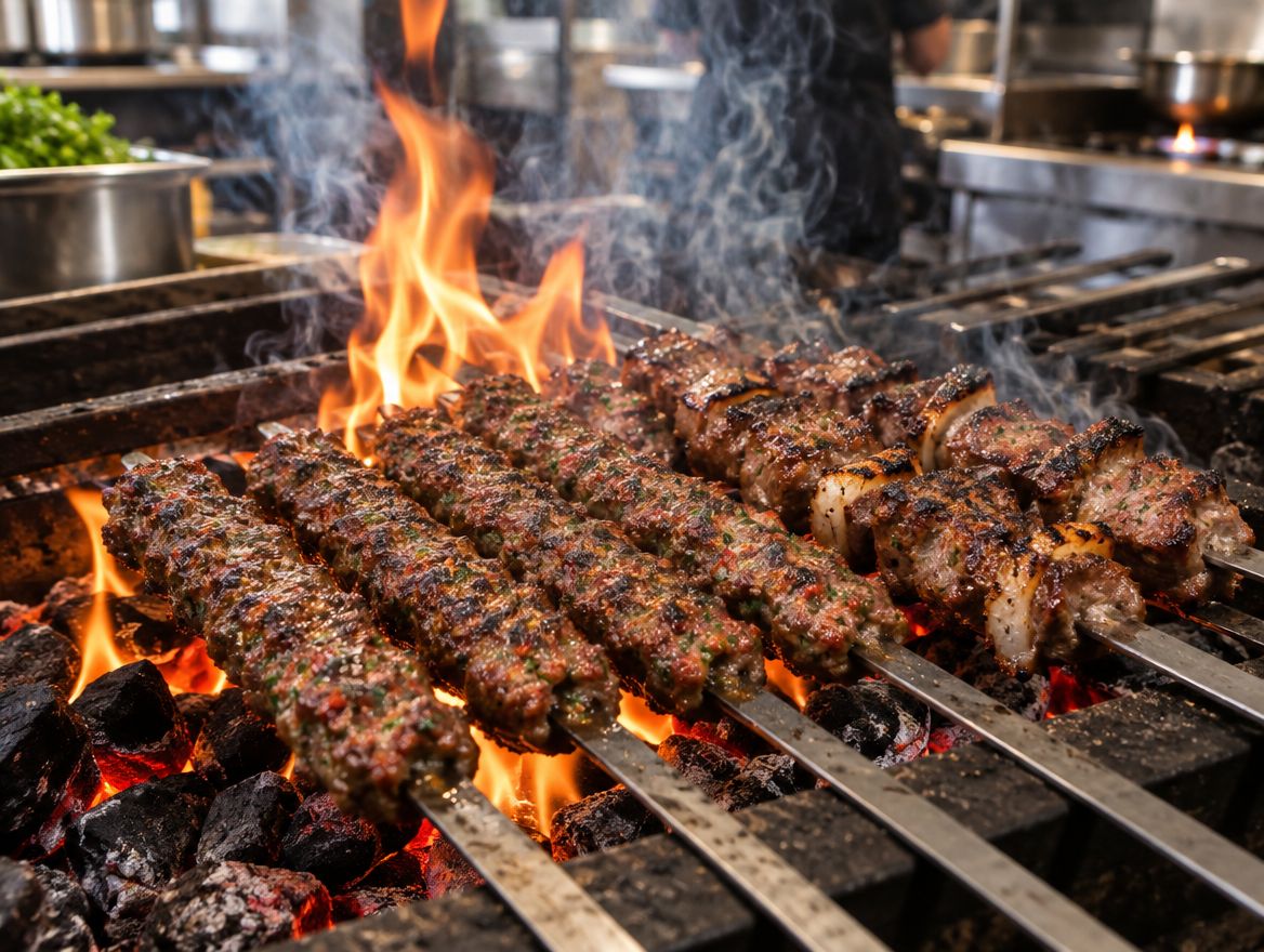 Kofta and kebab skewers over wood flames and embers